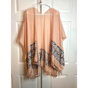 Peach Pink Embroidered Tassel Kimono Wrap Open Front Boho Cover Up OS